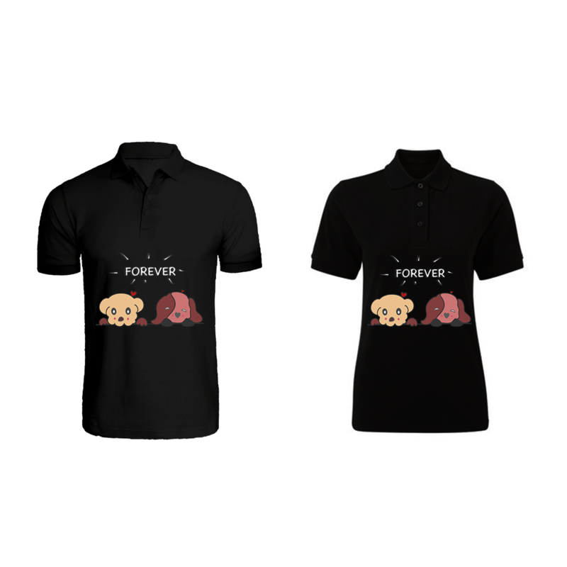 BYFT (Black) Couple Printed Cotton T-shirt (Forever) Personalized Polo Neck T-shirt (XL)-Set of 2 pcs-220 GSM