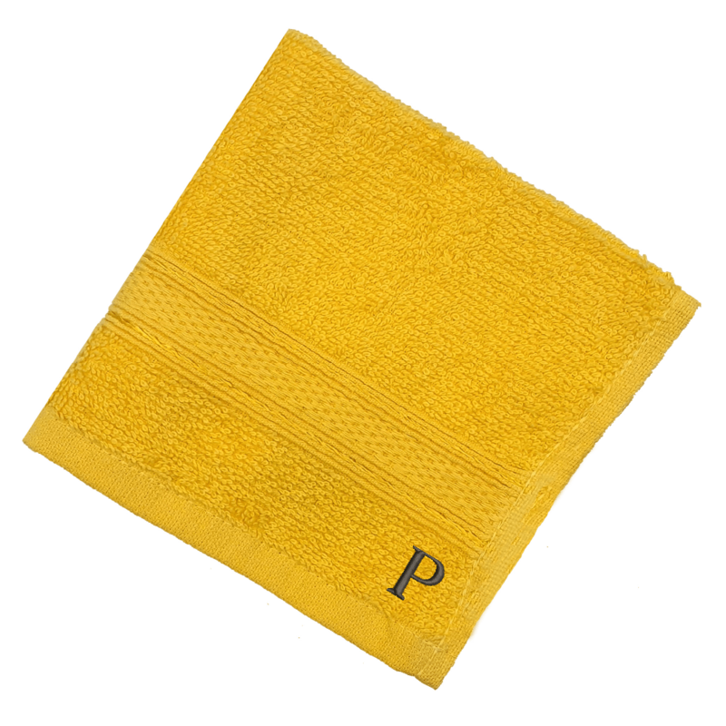 BYFT Daffodil (Yellow) Monogrammed Face Towel (30 x 30 Cm-Set of 6) 100% Cotton, Absorbent and Quick dry, High Quality Bath Linen-500 Gsm Black Thread Letter "P"