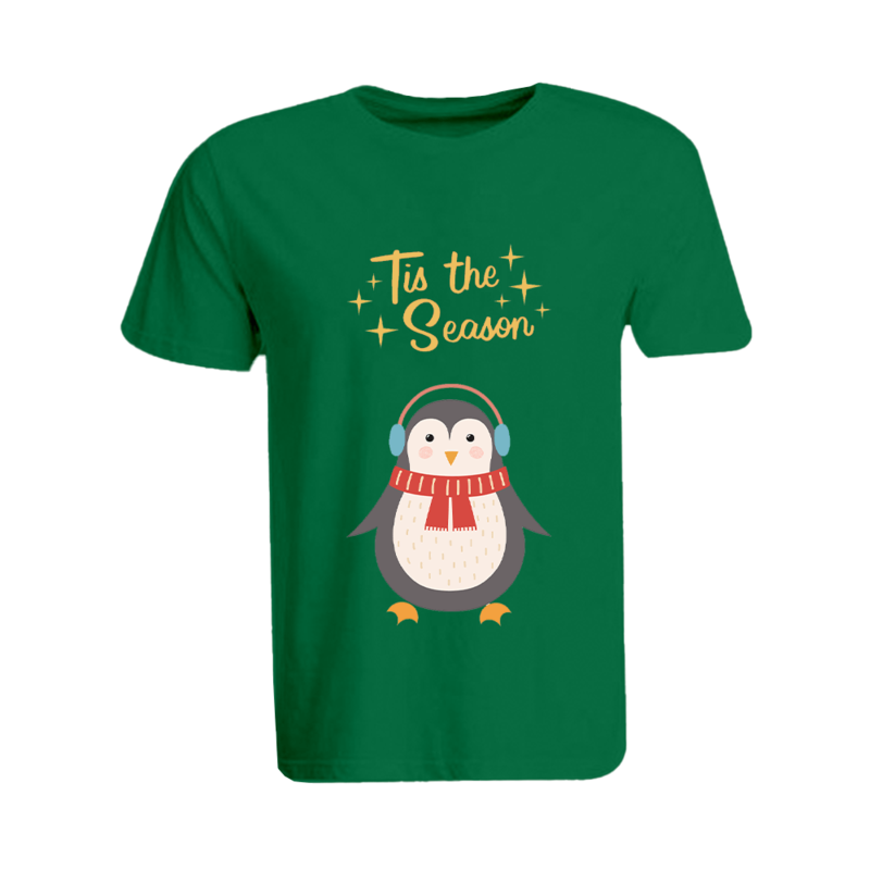 

BYFT (Green) Holiday Themed Printed Cotton T-shirt (Tis The Season Penguin) Unisex Personalized Round Neck T-shirt (Medium)-Set of 1 pc-190 GSM