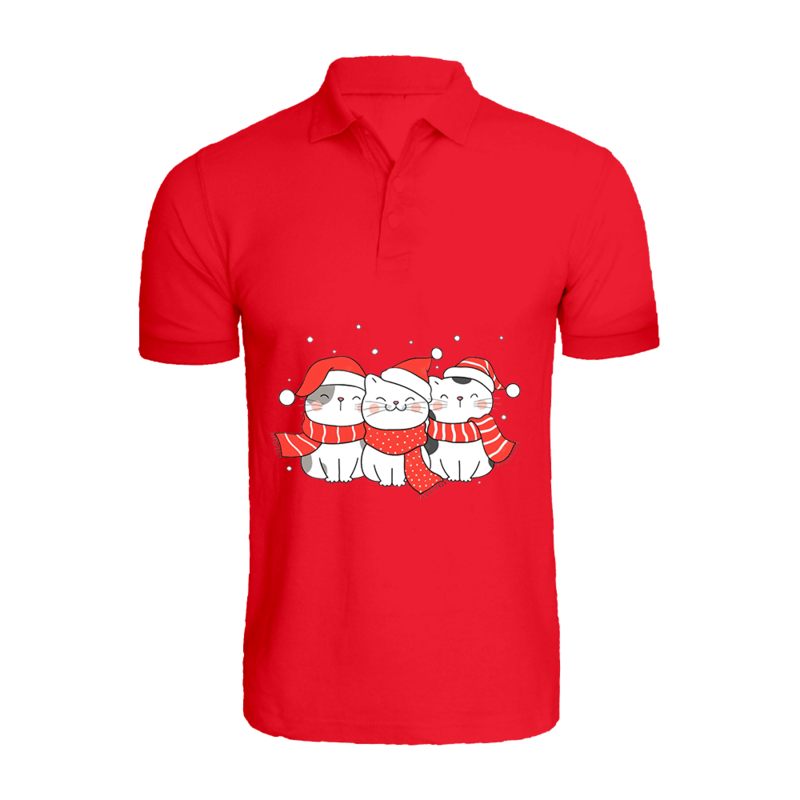 

BYFT (Red) Holiday Themed Printed Cotton T-shirt (Three Cats With Scarf & Christmas Cap) Unisex Personalized Polo Neck T-shirt (2XL)-Set of 1 pc-220 G