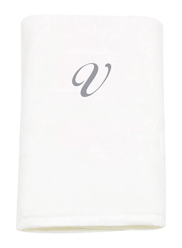 BYFT 100% Cotton Embroidered Letter V Bath Towel, 70 x 140cm, White/Silver