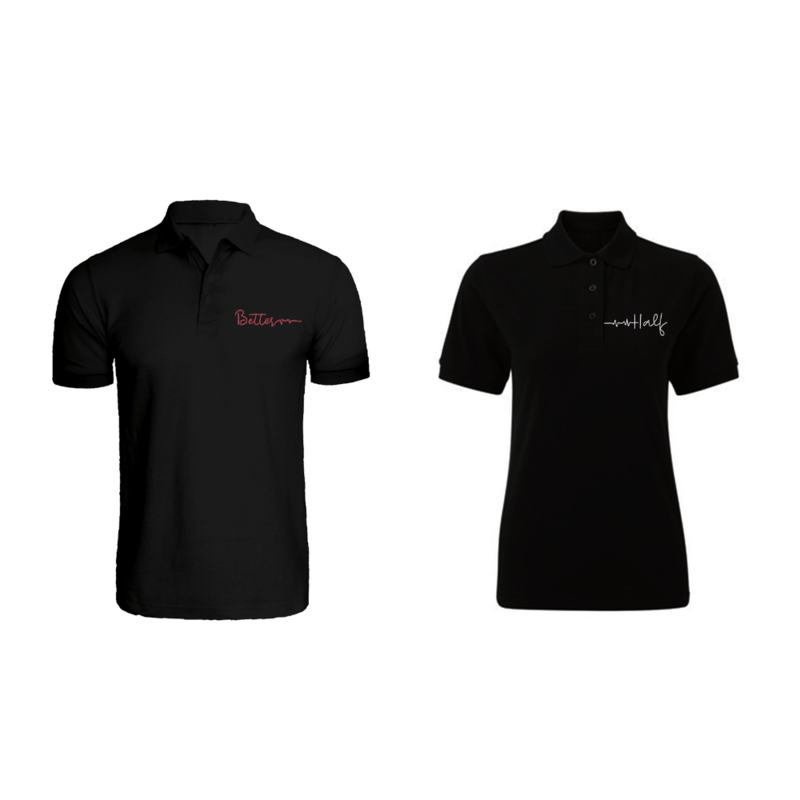 BYFT (Black) Couple Embroidered Cotton T-shirt (Better Half) Personalized Polo Neck T-shirt (2XL)-Set of 2 pcs-220 GSM