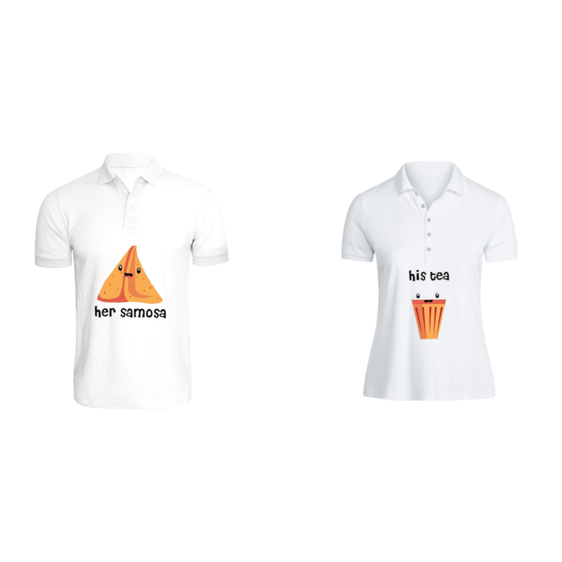 

BYFT (White) Couple Printed Cotton T-shirt (His Tea & Her Samosa) Personalized Polo Neck T-shirt (2XL)-Set of 2 pcs-220 GSM