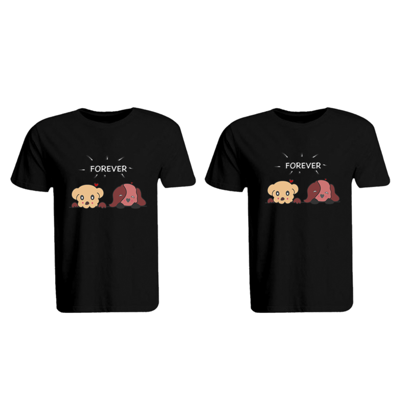 BYFT (Black) Couple Printed Cotton T-shirt (Forever) Personalized Round Neck T-shirt (Medium)-Set of 2 pcs-190 GSM