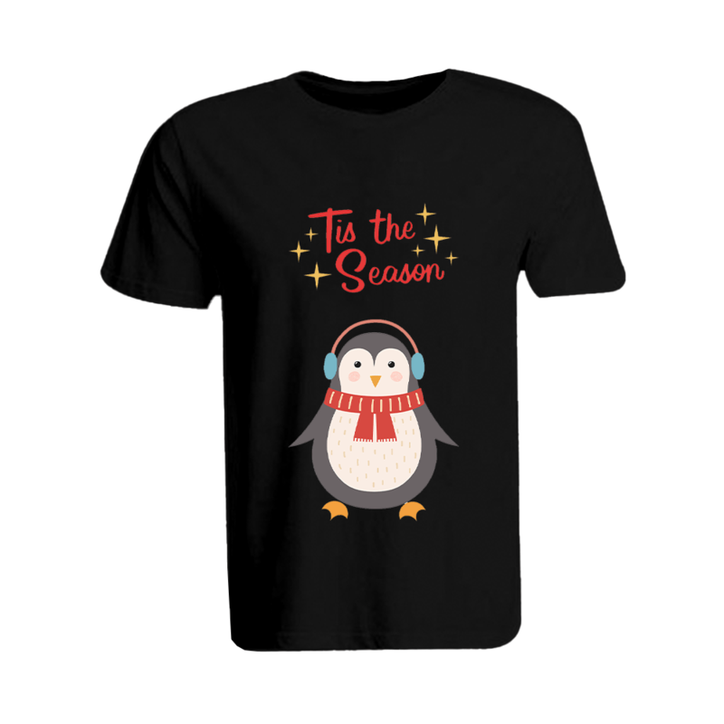 

BYFT (Black) Holiday Themed Printed Cotton T-shirt (Tis The Season Penguin) Unisex Personalized Round Neck T-shirt (Medium)-Set of 1 pc-190 GSM