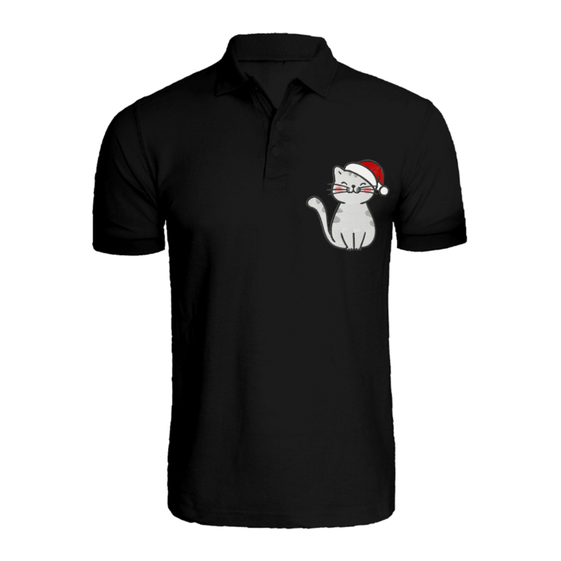 

BYFT (Black) Holiday Themed Embroidered Cotton T-shirt (Cat with Christmas Cap) Unisex Personalized Polo Neck T-shirt (XL)-Set of 1 pc-220 GSM