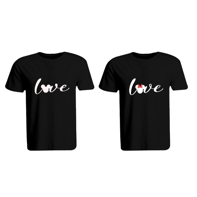 

BYFT (Black) Couple Printed Cotton T-shirt (Mickey & Minnie Love) Personalized Round Neck T-shirt (2XL)-Set of 2 pcs-190 GSM