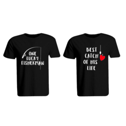 BYFT (Black) Couple Printed Cotton T-shirt (Best Catch Fisherman) Personalized Round Neck T-shirt (Medium)-Set of 2 pcs-190 GSM