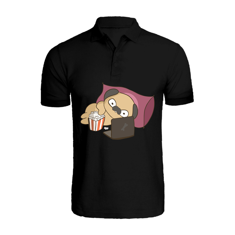 

BYFT (Black) Printed Cotton T-shirt (Binge Watching Pug) Personalized Polo Neck T-shirt For Men (XL)-Set of 1 pc-220 GSM