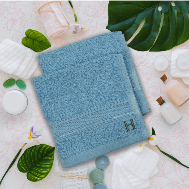 BYFT Daffodil (Light Blue) Monogrammed Face Towel (30 x 30 Cm-Set of 6) 100% Cotton, Absorbent and Quick dry, High Quality Bath Linen-500 Gsm Black Thread Letter "H"