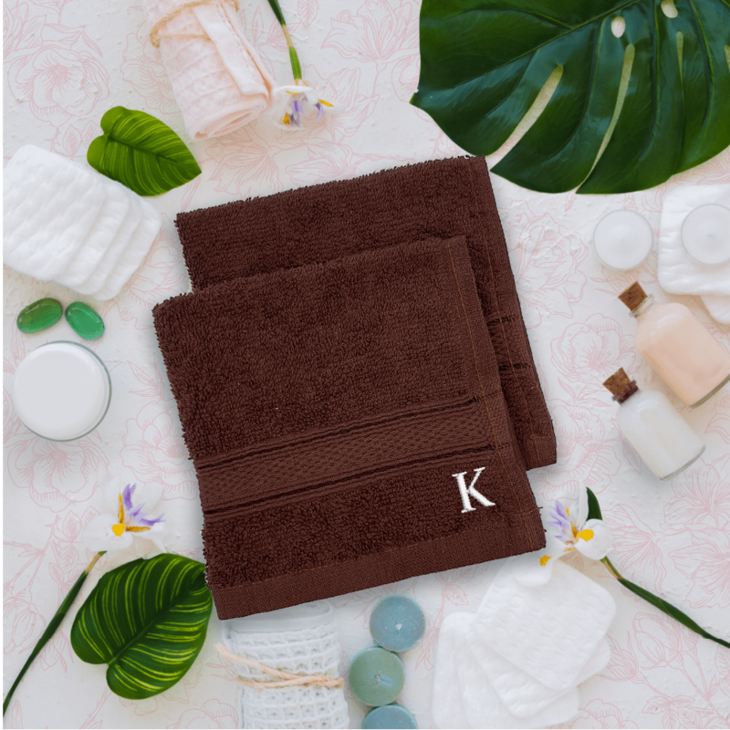 BYFT Daffodil (Brown) Monogrammed Face Towel (30 x 30 Cm-Set of 6) 100% Cotton, Absorbent and Quick dry, High Quality Bath Linen-500 Gsm White Thread Letter "K"