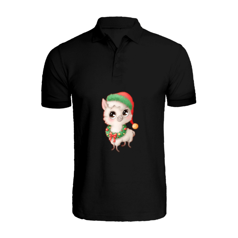 BYFT (Black) Holiday Themed Printed Cotton T-shirt (Llama with Christmas Cap) Unisex Personalized Polo Neck T-shirt (Medium)-Set of 1 pc-220 GSM