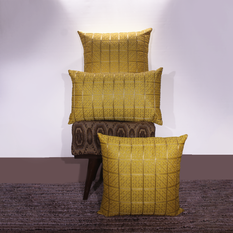 

BYFT Orchard Cushion Cover 12 x 20 inch (Golden Checks Design - Yellow) 30 x 50 cm Luxury Decorative Cushion Cover for Sofa, Bed & Living Room- Set of