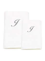BYFT 2-Piece 100% Cotton Embroidered Letter J Bath and Hand Towel Set, White/Silver
