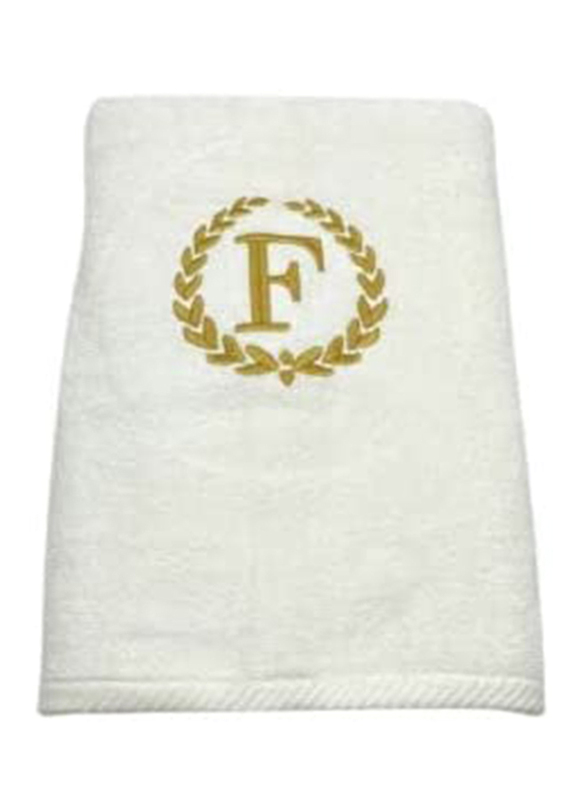 BYFT 2-Piece 100% Cotton Embroidered Letter F Bath & Hand Towel Set, White/Gold
