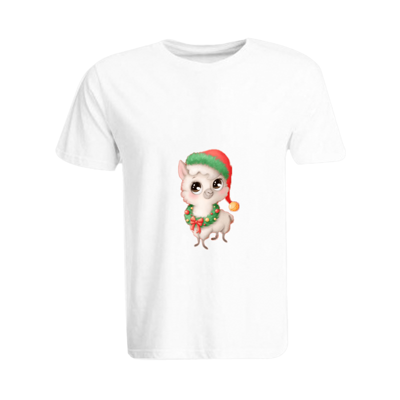 BYFT (White) Holiday Themed Printed Cotton T-shirt (Llama with Christmas Cap) Unisex Personalized Round Neck T-shirt (Small)-Set of 1 pc-190 GSM