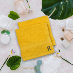 BYFT Daffodil (Yellow) Monogrammed Face Towel (30 x 30 Cm-Set of 6) 100% Cotton, Absorbent and Quick dry, High Quality Bath Linen-500 Gsm Black Thread Letter "R"