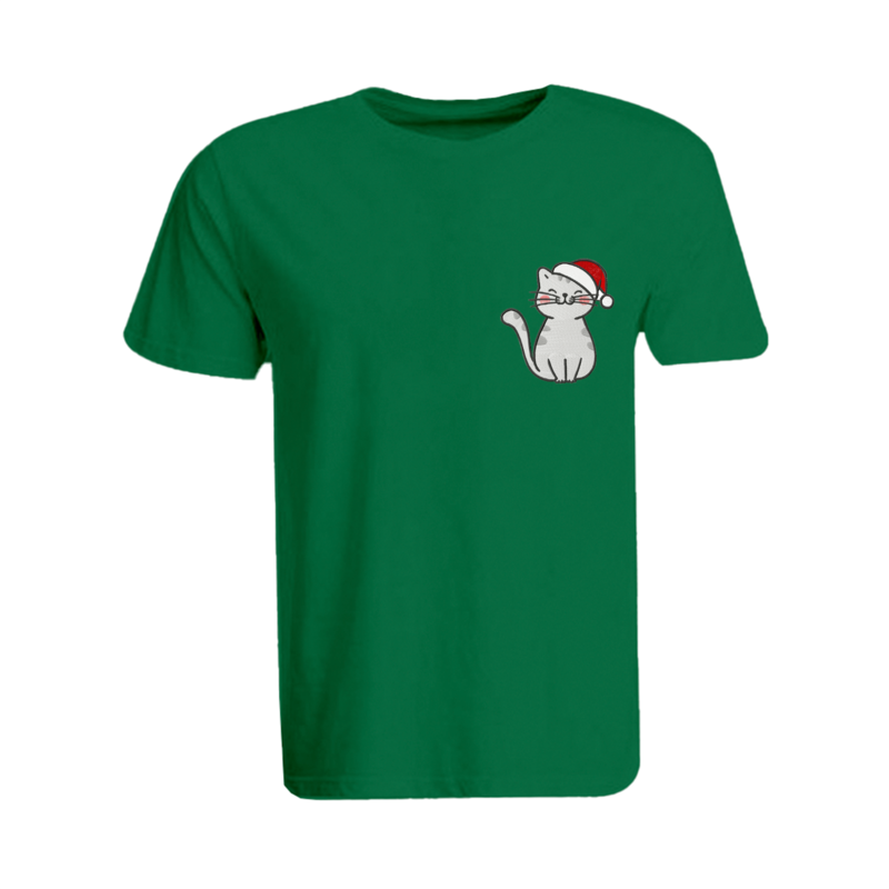 

BYFT (Green) Holiday Themed Embroidered Cotton T-shirt (Cat with Christmas Cap) Unisex Personalized Round Neck T-shirt (Small)-Set of 1 pc-190 GSM