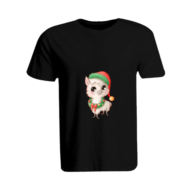 

BYFT (Black) Holiday Themed Printed Cotton T-shirt (Llama with Christmas Cap) Unisex Personalized Round Neck T-shirt (2XL)-Set of 1 pc-190 GSM