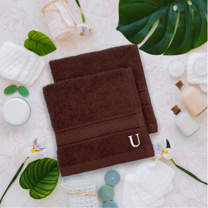 BYFT Daffodil (Brown) Monogrammed Face Towel (30 x 30 Cm-Set of 6) 100% Cotton, Absorbent and Quick dry, High Quality Bath Linen-500 Gsm White Thread Letter "U"