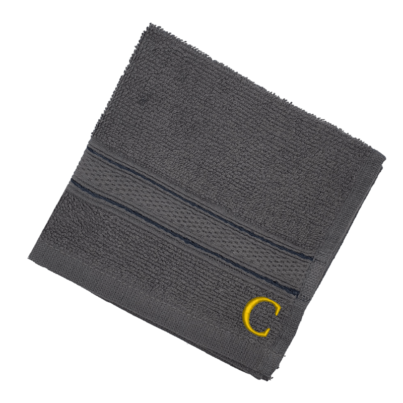 BYFT Daffodil (Dark Grey) Monogrammed Face Towel (30 x 30 Cm - Set of 6) 100% Cotton, Absorbent and Quick dry, High Quality Bath Linen- 500 Gsm Golden Thread Letter "C"