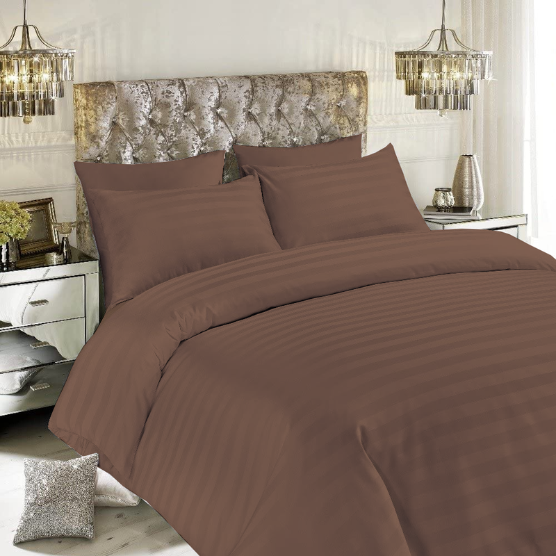 BYFT Tulip (Dark Brown) Queen Size Fitted Sheet, Duvet Cover and Pillow case Set with 1 cm Satin Stripe (Set of 2 Pcs) 100% Cotton Percale Soft and Luxurious Hotel Quality Bed linen -300 TC