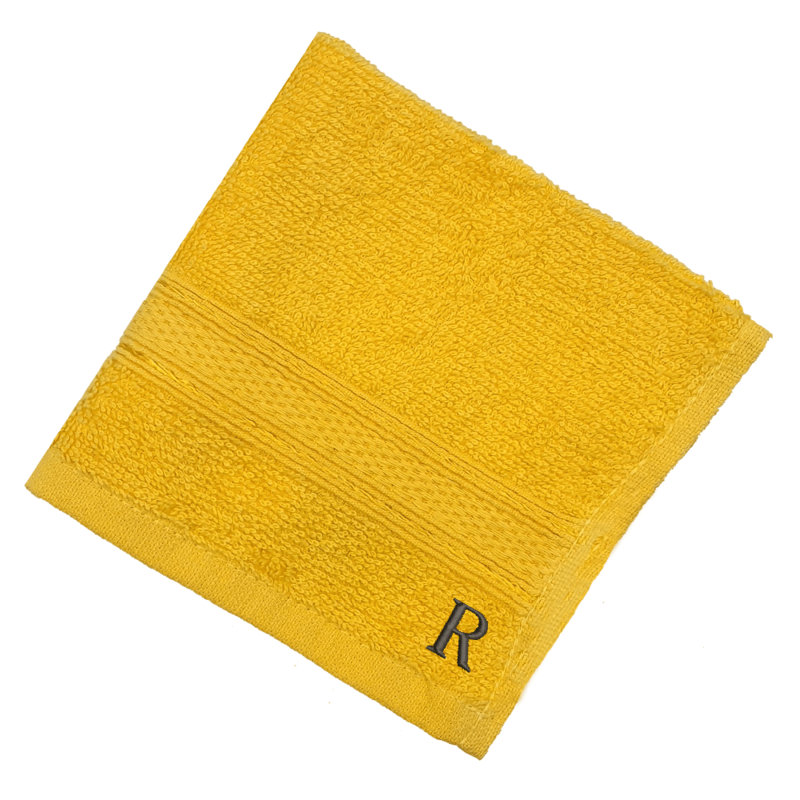 BYFT Daffodil (Yellow) Monogrammed Face Towel (30 x 30 Cm-Set of 6) 100% Cotton, Absorbent and Quick dry, High Quality Bath Linen-500 Gsm Black Thread Letter "R"