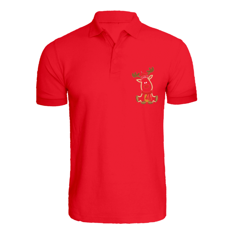 

BYFT (Red) Holiday Themed Embroidered Cotton T-shirt (Reindeer With Christmas Cap) Unisex Personalized Polo Neck T-shirt (XL)-Set of 1 pc-220 GSM