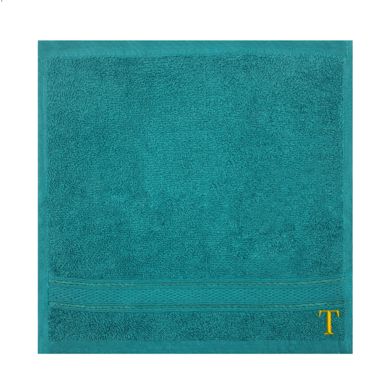 BYFT Daffodil (Turquoise Blue) Monogrammed Face Towel (30 x 30 Cm-Set of 6) 100% Cotton, Absorbent and Quick dry, High Quality Bath Linen-500 Gsm Golden Thread Letter "T"