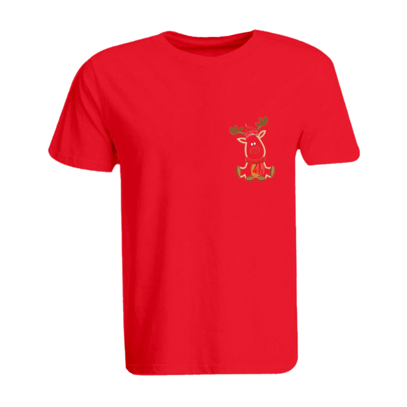 BYFT (Red) Holiday Themed Embroidered Cotton T-shirt (Reindeer With Christmas Cap) Unisex Personalized Round Neck T-shirt (2XL)-Set of 1 pc-190 GSM
