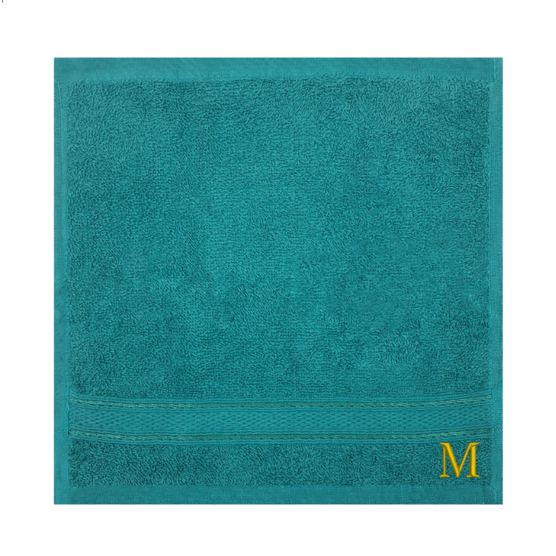 BYFT Daffodil (Turquoise Blue) Monogrammed Face Towel (30 x 30 Cm-Set of 6) 100% Cotton, Absorbent and Quick dry, High Quality Bath Linen-500 Gsm Golden Thread Letter "M"