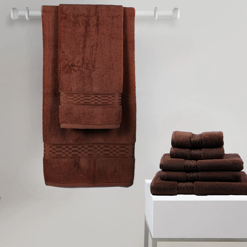 BYFT Home Ultra (Brown) 4 Hand Towel (50 x 90 Cm) & 2 Bath Towel (70 x 140 Cm) 100% Cotton Highly Absorbent, High Quality Bath linen with Checkered Dobby 550 Gsm Set of 6