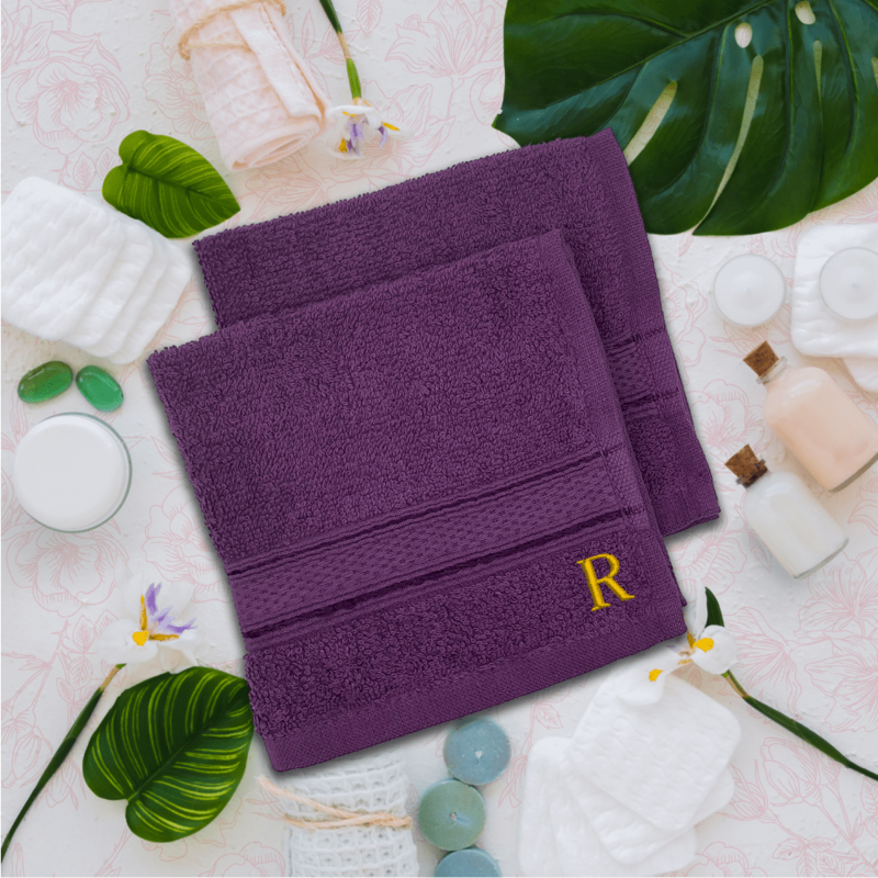 BYFT Daffodil (Purple) Monogrammed Face Towel (30 x 30 Cm-Set of 6) 100% Cotton, Absorbent and Quick dry, High Quality Bath Linen-500 Gsm Golden Thread Letter "R"