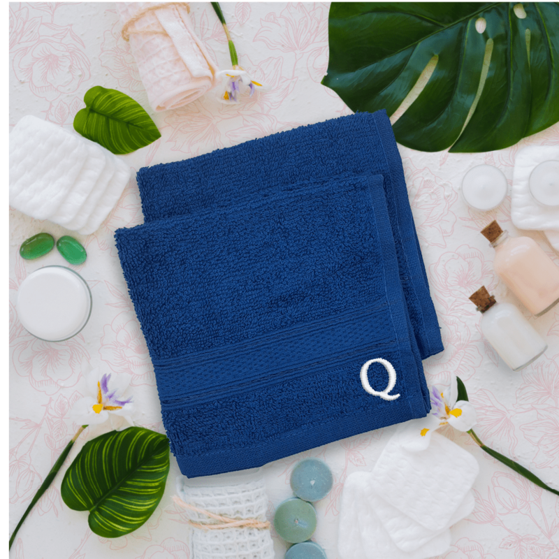 BYFT Daffodil (Royal Blue) Monogrammed Face Towel (30 x 30 Cm-Set of 6) 100% Cotton, Absorbent and Quick dry, High Quality Bath Linen-500 Gsm White Thread Letter "Q"