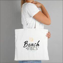 BYFT White Cotton Flat Tote Bag (Beach Vibes)