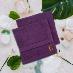 BYFT Daffodil (Purple) Monogrammed Face Towel (30 x 30 Cm-Set of 6) 100% Cotton, Absorbent and Quick dry, High Quality Bath Linen-500 Gsm Golden Thread Letter "E"