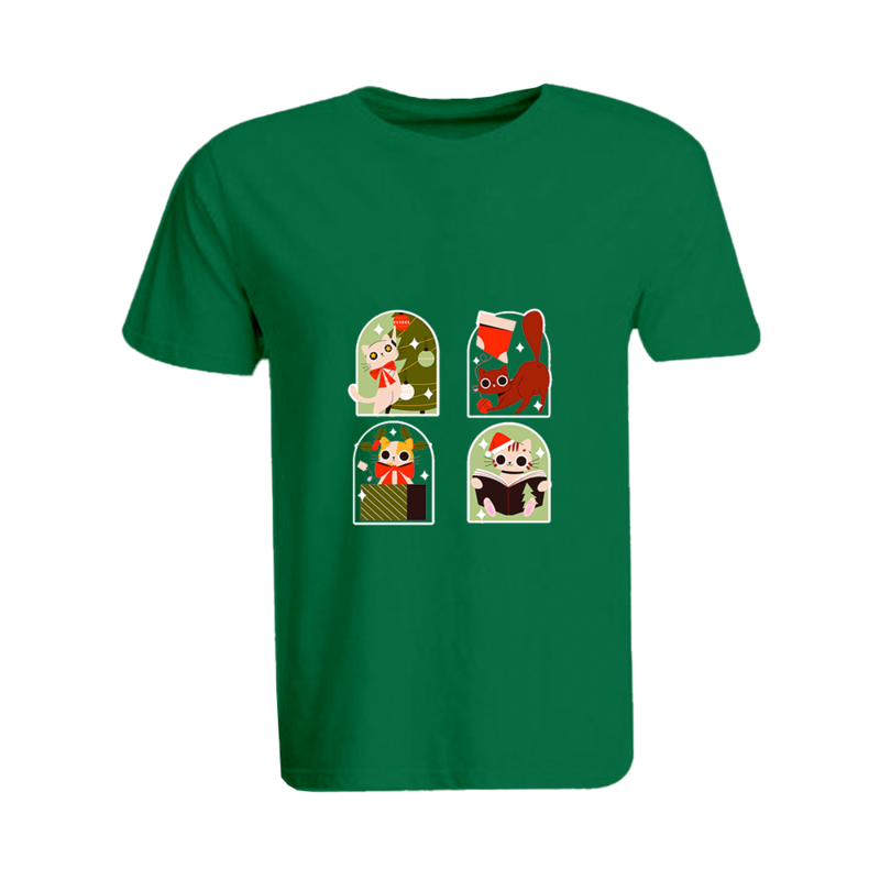 

BYFT (Green) Holiday Themed Printed Cotton T-shirt (Christmas Cats) Unisex Personalized Round Neck T-shirt (XL)-Set of 1 pc-190 GSM