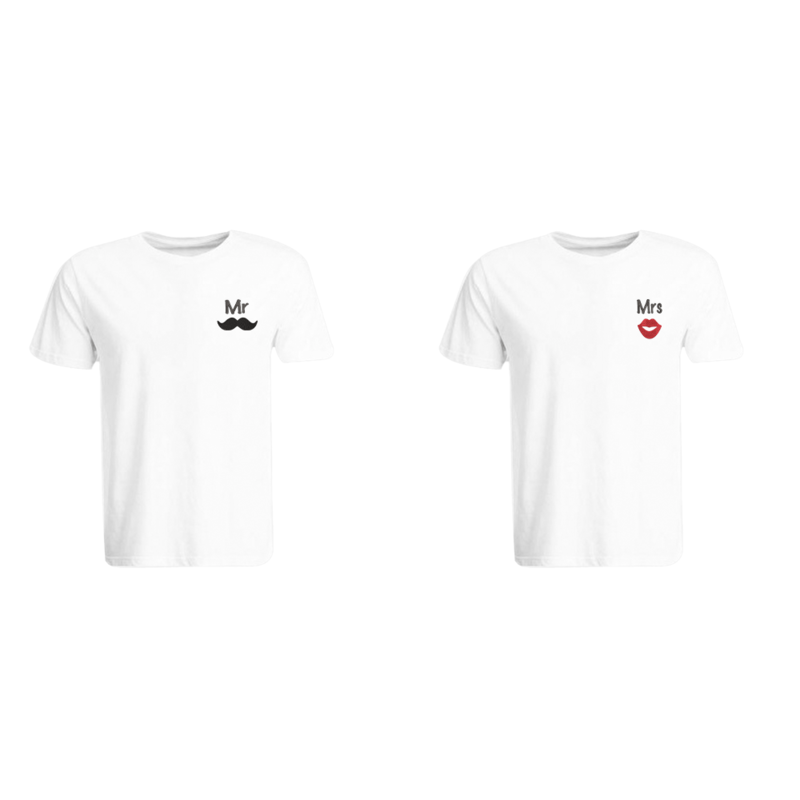 

BYFT (White) Couple Embroidered Cotton T-shirt (Mr. Moustache & Mrs. Lips) Personalized Round Neck T-shirt (Small)-Set of 2 pcs-190 GSM