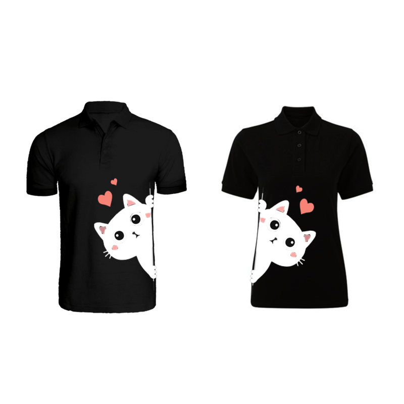 BYFT (Black) Couple Printed Cotton T-shirt (Kitty) Personalized Polo Neck T-shirt (Small)-Set of 2 pcs-220 GSM