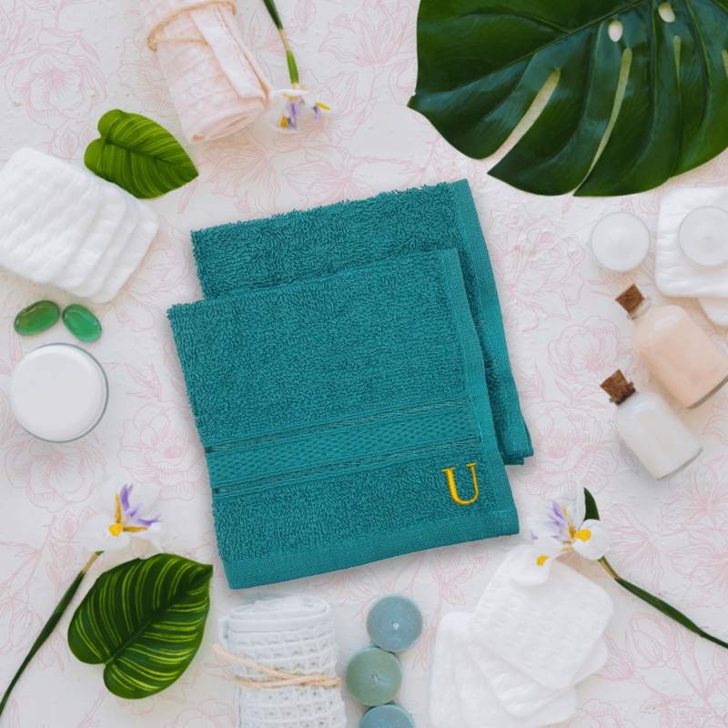 BYFT Daffodil (Turquoise Blue) Monogrammed Face Towel (30 x 30 Cm-Set of 6) 100% Cotton, Absorbent and Quick dry, High Quality Bath Linen-500 Gsm Golden Thread Letter "U"