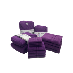 Daffodil(Purple)100% Cotton Premium Bath Linen Set(4 Face,4 Hand,2 Adult & 2 Kids Bath Towels with 2 Adult & 2,8yr Kids Bathrobe)Super Soft,Quick Dry & Highly Absorbent Family Pack of 16Pcs