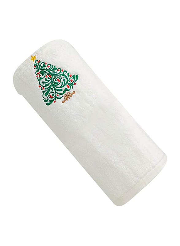 BYFT 100% Cotton Embroidered Christmas Tree Bath Towel, 70 x 140 cm, White/Green