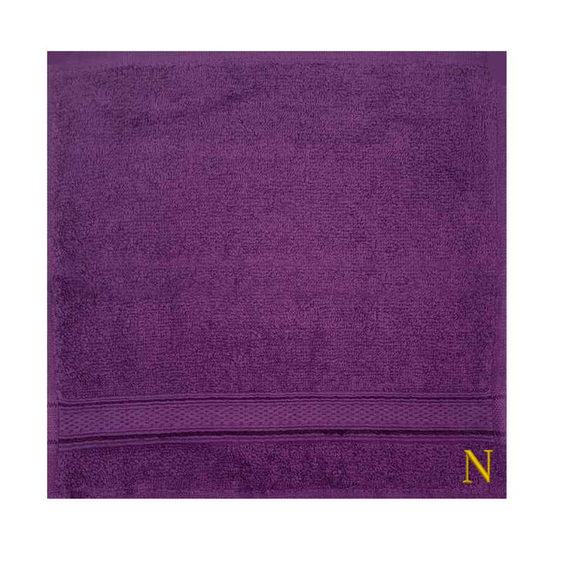 BYFT Daffodil (Purple) Monogrammed Face Towel (30 x 30 Cm-Set of 6) 100% Cotton, Absorbent and Quick dry, High Quality Bath Linen-500 Gsm Golden Thread Letter "N"