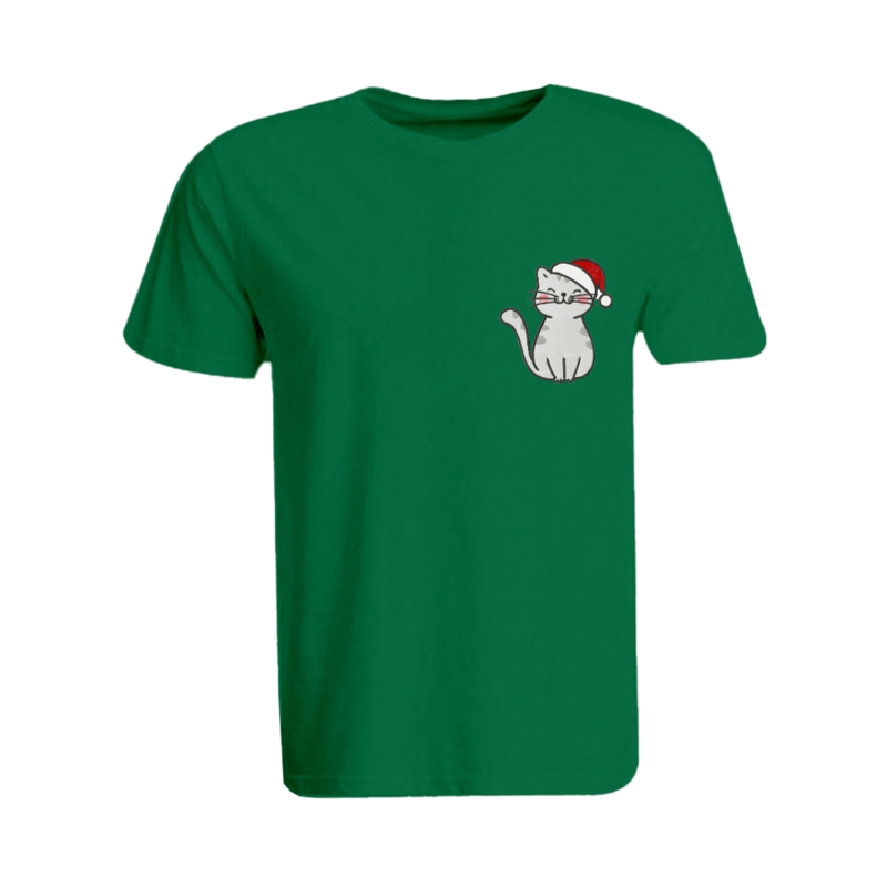 BYFT (Green) Holiday Themed Embroidered Cotton T-shirt (Cat with Christmas Cap) Unisex Personalized Round Neck T-shirt (2XL)-Set of 1 pc-190 GSM