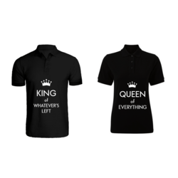 BYFT (Black) Couple Printed Cotton T-shirt (King of Whatever Left & Queen of Everything) Personalized Polo Neck T-shirt (Small)-Set of 2 pcs-220 GSM