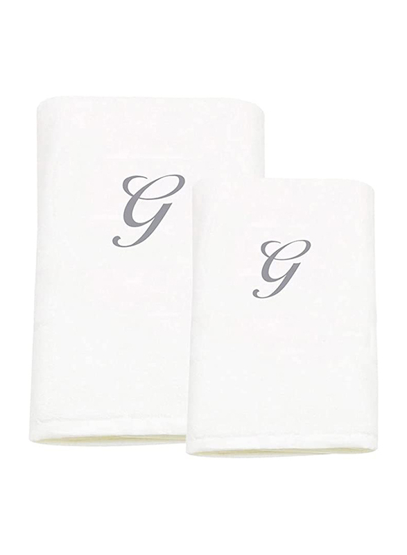 BYFT 2-Piece 100% Cotton Embroidered Letter G Bath and Hand Towel Set, White/Silver