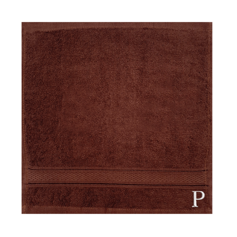 BYFT Daffodil (Brown) Monogrammed Face Towel (30 x 30 Cm-Set of 6) 100% Cotton, Absorbent and Quick dry, High Quality Bath Linen-500 Gsm White Thread Letter "P"