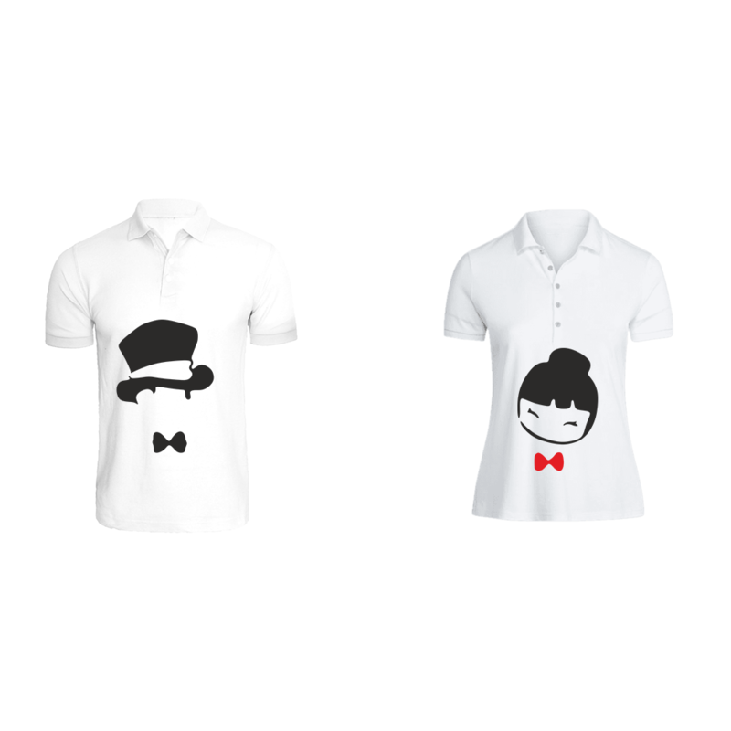 BYFT (White) Couple Printed Cotton T-shirt (Chinese Couple) Personalized Polo Neck T-shirt (Large)-Set of 2 pcs-220 GSM
