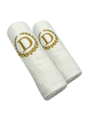 BYFT 2-Piece 100% Cotton Embroidered Letter D Bath & Hand Towel Set, White/Gold