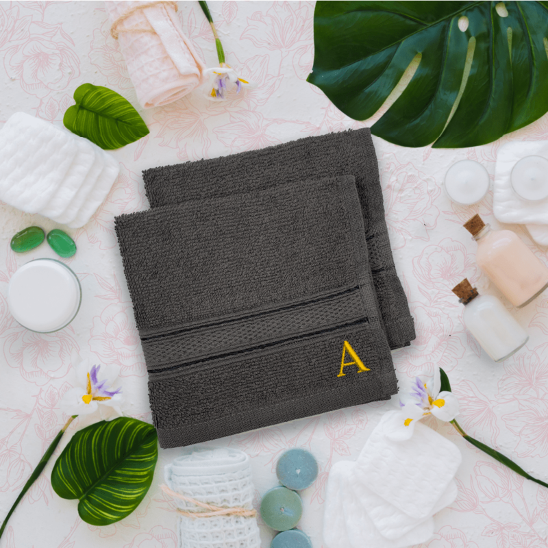 BYFT Daffodil (Dark Grey) Monogrammed Face Towel (30 x 30 Cm - Set of 6) 100% Cotton, Absorbent and Quick dry, High Quality Bath Linen- 500 Gsm Golden Thread Letter "A"